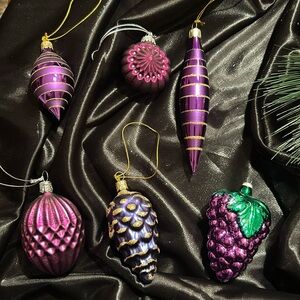 Variety of Six Vintage Glass Ornaments in Different Shades of Purple